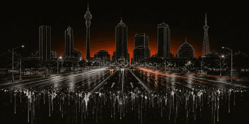 Johannesburg skyline wireframe illustration with an orange dusk glow, a wet street receding to the horizon with car light trails, and white paint drips bleeding downward